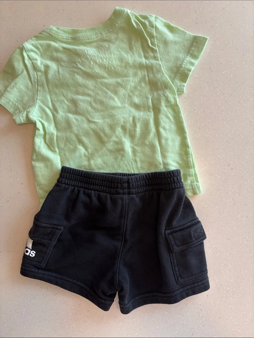 adidas Light Green Logo Tee with Black Shorts